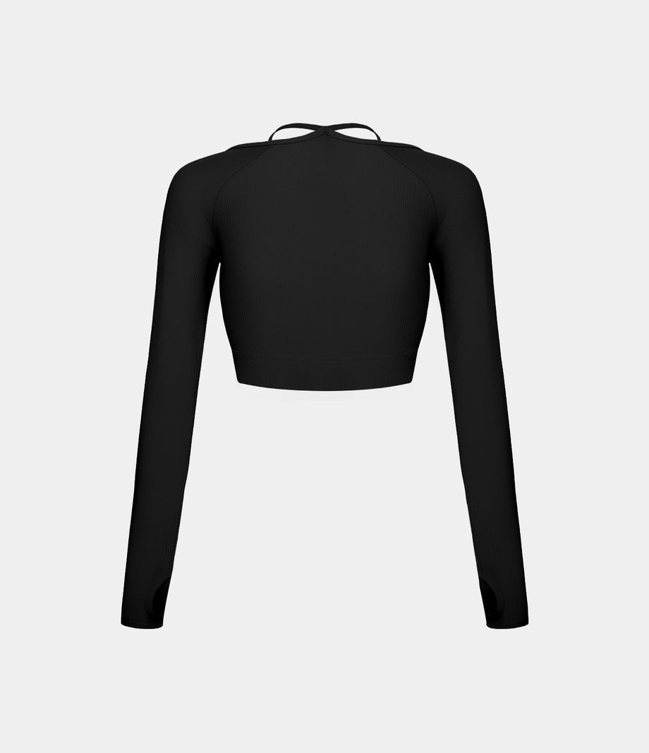 Ribbed Halter Strap Thumb Hole Cropped Yoga Sports Top - Black