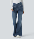 Halara Flex™ High Waisted Crossover Pocket Washed Casual Flare Jeans - Frost Blue Denim