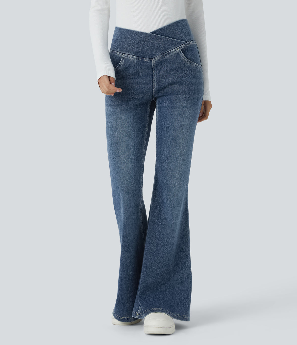 Halara Flex™ High Waisted Crossover Pocket Washed Casual Flare Jeans - Frost Blue Denim