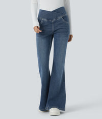 Halara Flex™ High Waisted Crossover Pocket Washed Casual Flare Jeans - Frost Blue Denim
