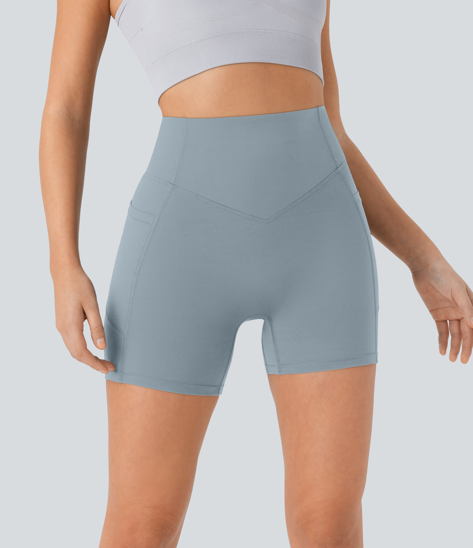 Halara UltraSculpt™ High Waisted Scrunch Butt Lifting Tummy Control Pocket Shaping Workout Biker Shorts 5'' - Blue Flower Gray