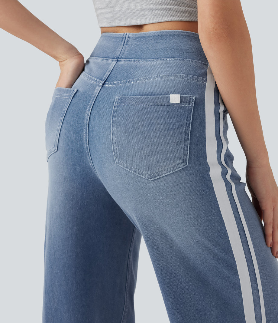Halara Flex™ High Waisted Stripe Wide Leg Flowy Washed Casual Jeans with Pockets - Powder Blue Denim
