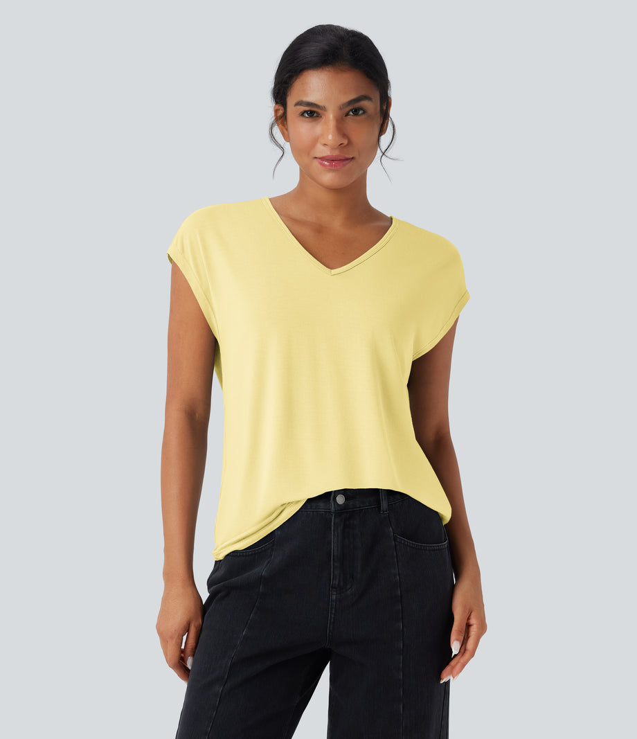 V Neck Short Sleeve Casual T-Shirt - Tender Yellow