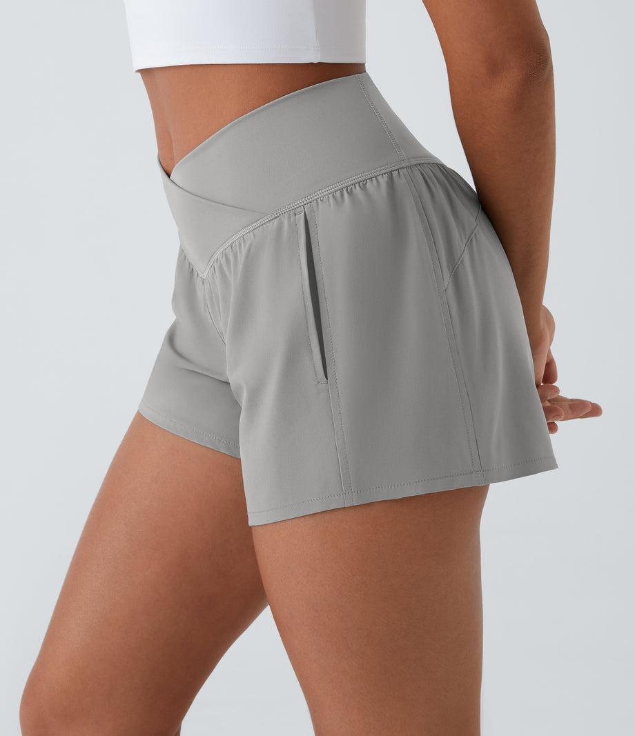 Breezeful™ High Waisted Crossover Pocket 2-in-1 Quick Dry Yoga Shorts 4" - Dust Gray