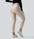 High Waisted Stretchy PU Fleece Casual Leggings with Pockets - French Oak