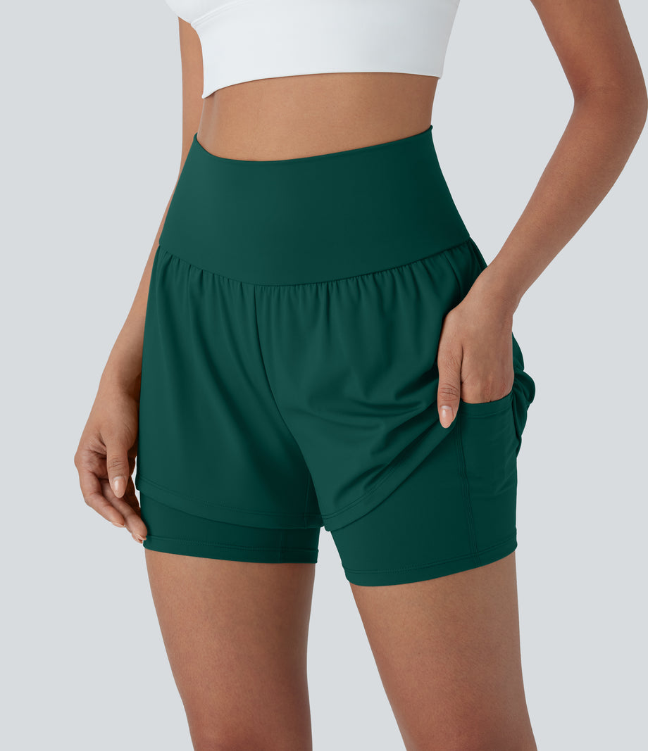 SoftlyZero™ Airy Super High Waisted 2-in-1 Cool Touch Yoga Shorts 5'' with Pockets - Forest Biome