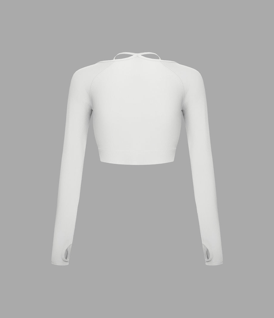 Ribbed Halter Strap Thumb Hole Cropped Yoga Sports Top - White