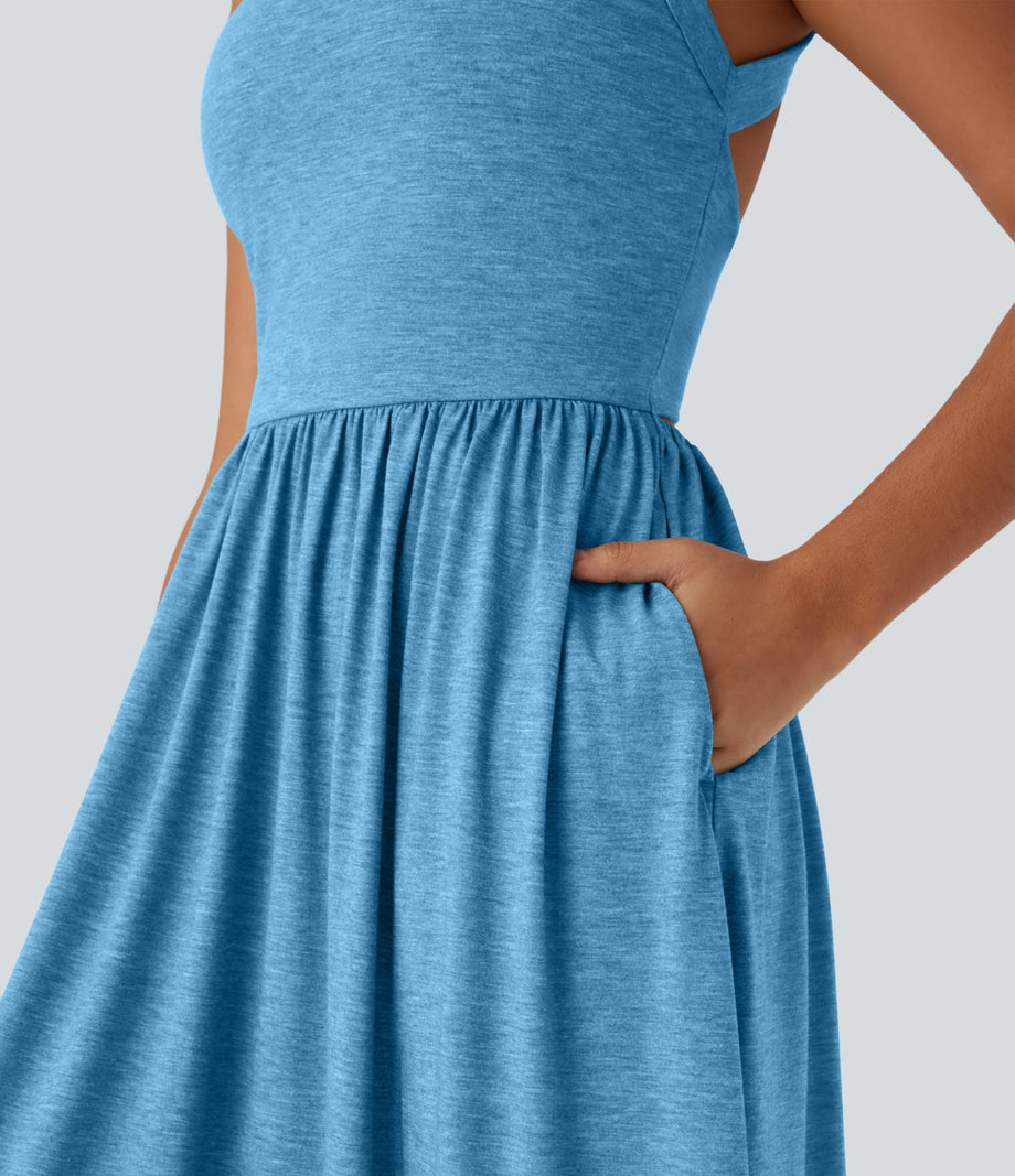 Twisted Backless Split Flowy Maxi Resort Dress with Pockets - Clear Coast Blue