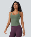 Scoop Neck Crisscross Back Crossover Hem Yoga Cami Top - Hedge Green