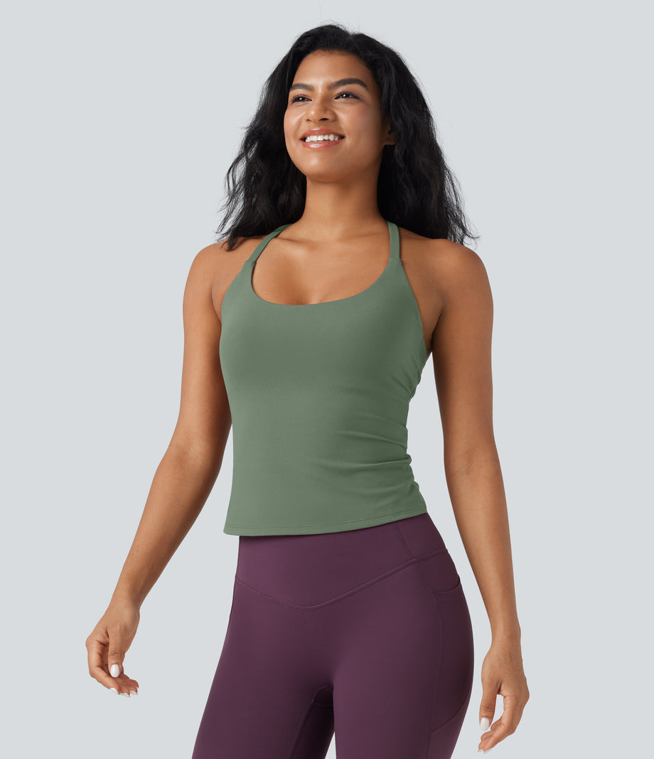 Scoop Neck Crisscross Back Crossover Hem Yoga Cami Top - Hedge Green