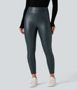 High Waisted Stretchy PU Fleece Casual Leggings with Pockets - Stratified Sea