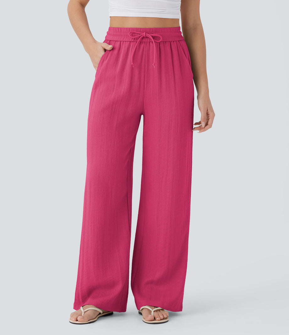 High Waisted Drawstring Pocket Wide Leg Baggy Casual Linen-Feel Pants - Raspberry Sorbet