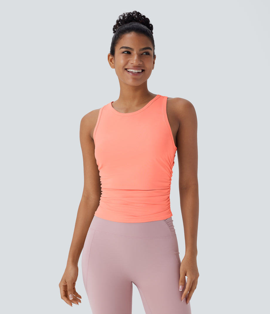 Round Neck Racerback Ruched Yoga Tank Top - Fusion Coral