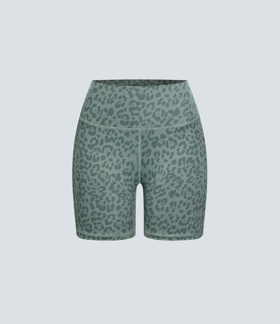 High Waisted Pocket Running Biker Shorts - Green Leopard Print