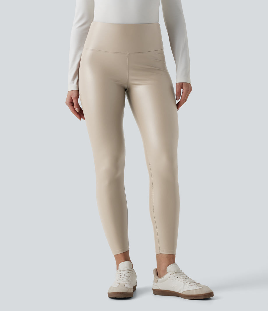 High Waisted Tummy Control Stretchy PU Fleece 7/8 Skinny Casual Leggings with Pockets - French Oak