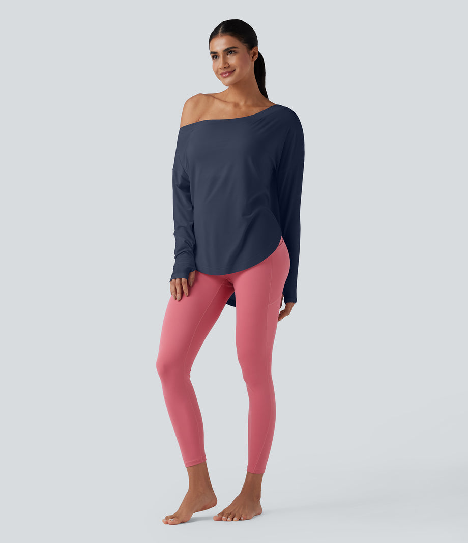 One Shoulder Long Sleeve Thumb Hole Curved Hem High Low Quick Dry Yoga Sports Top-Built-in Bra - Mood Indigo