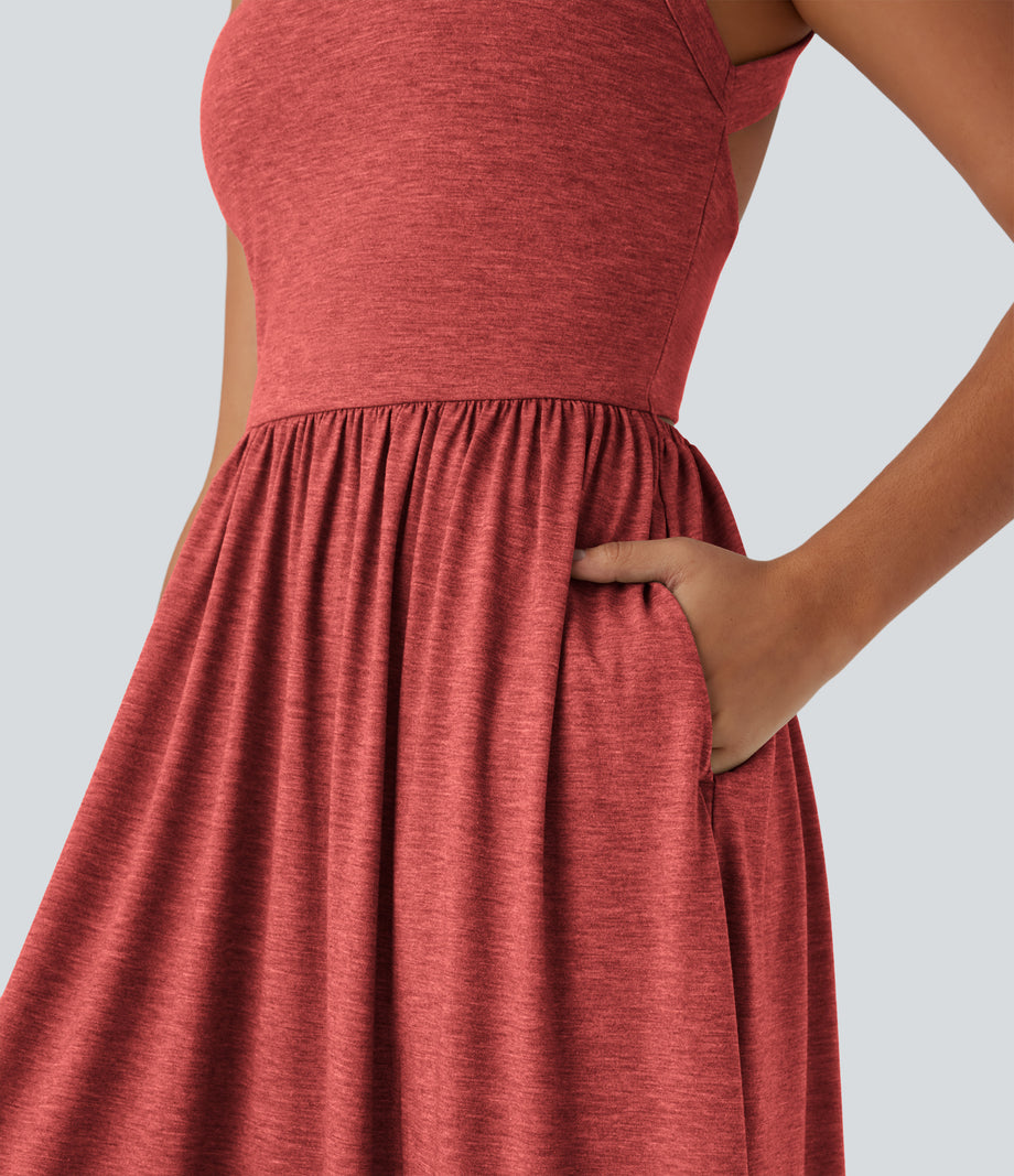 Twisted Backless Split Flowy Maxi Resort Dress with Pockets - Poinsettia Floral Yarn