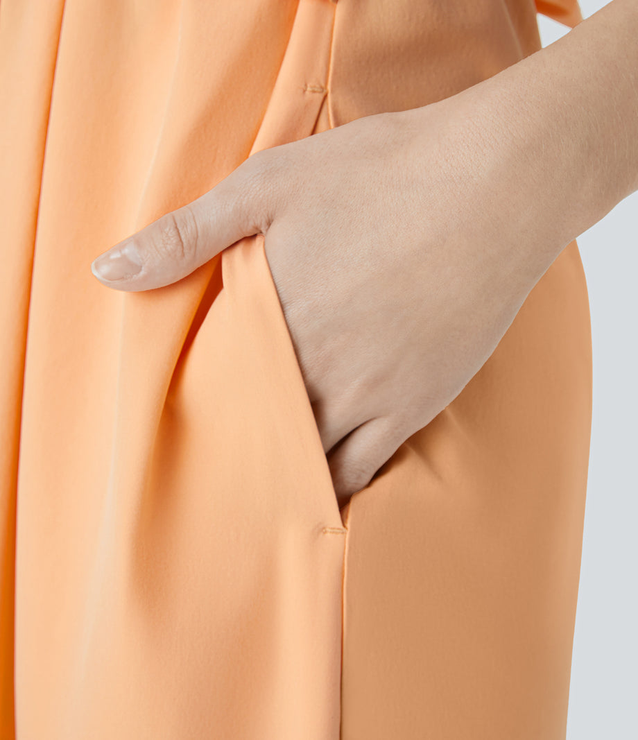 Breezeful™ V Neck Short Sleeve Pocket Tie Back Quick Dry Midi Casual Dress-Longer Length - Peach Orange