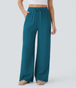 High Waisted Drawstring Pocket Wide Leg Baggy Casual Linen-Feel Pants - Crystal Teal