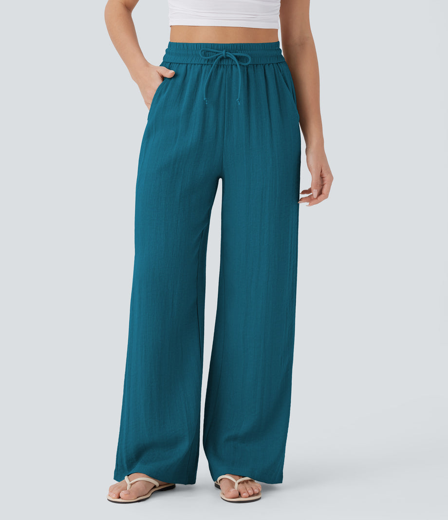 High Waisted Drawstring Pocket Wide Leg Baggy Casual Linen-Feel Pants - Crystal Teal