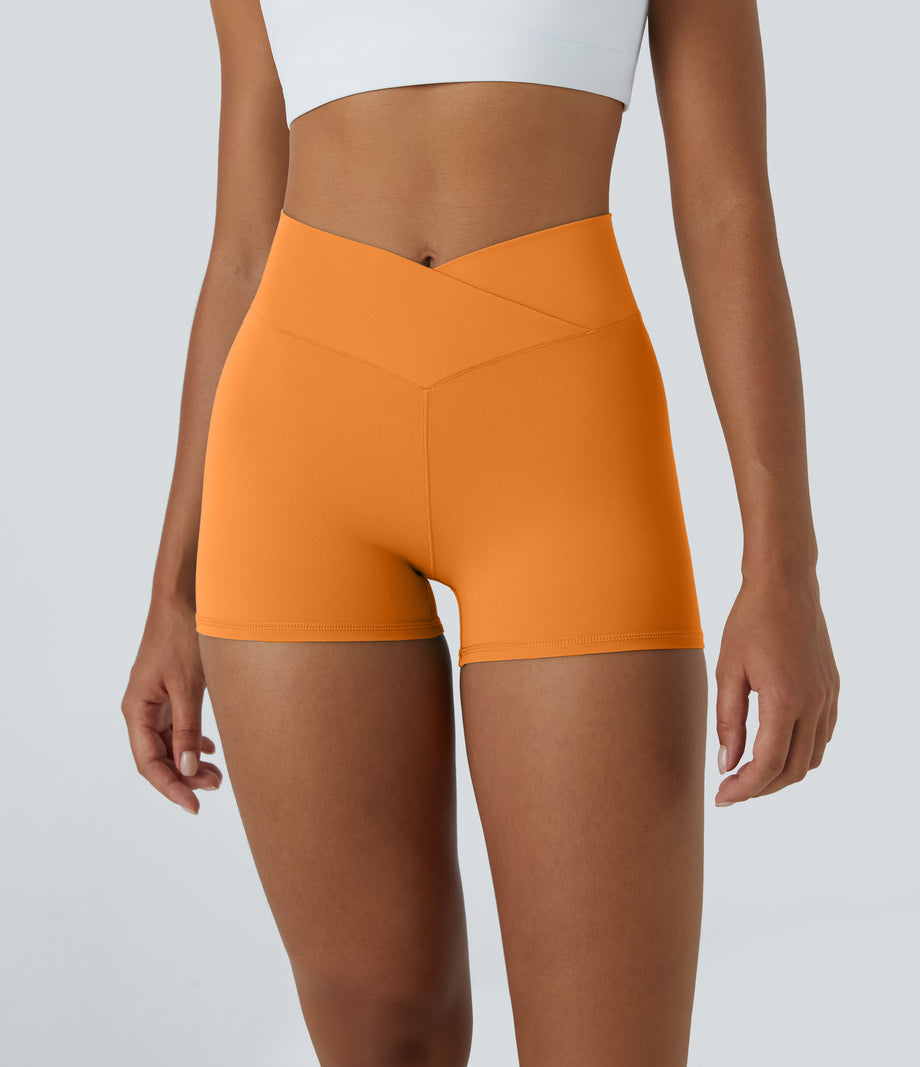 SoftlyZero™ High Waisted Crossover Plain Yoga Biker Shorts 3''-UPF50+ - Sunshine Orange