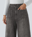 Halara Flex™ High Waisted Pockets Washed Casual Wide Leg Jeans - Grey Black Denim