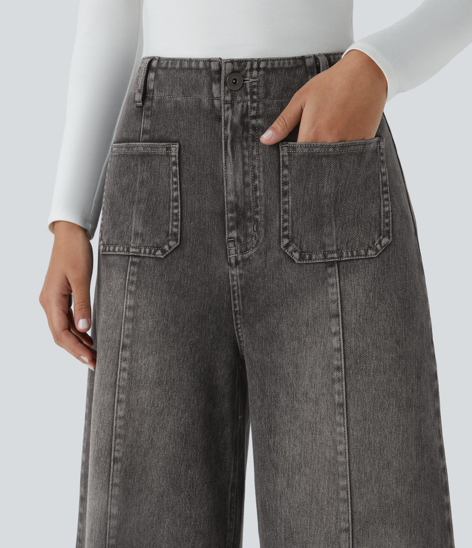 Halara Flex™ High Waisted Pockets Washed Casual Wide Leg Jeans - Grey Black Denim