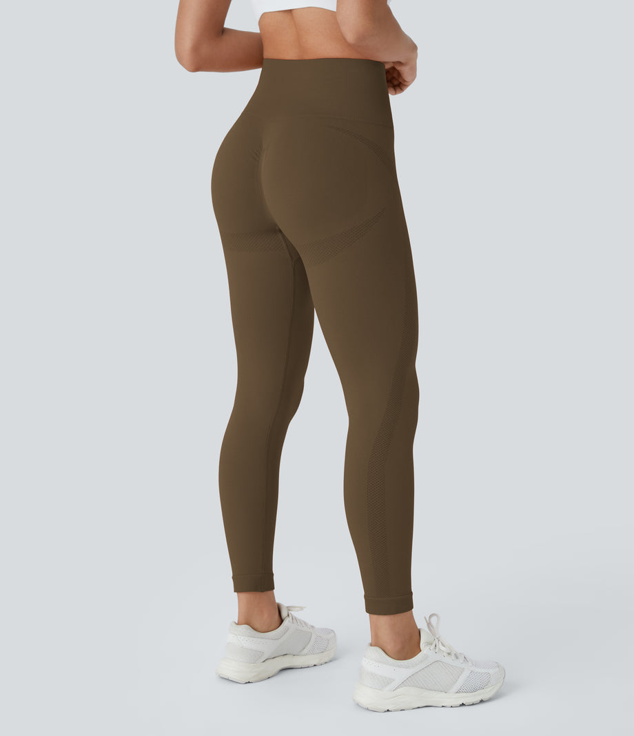OneForm Seamless Flow High Waisted Ruched 7/8 Yoga Leggings - Dawn Brown