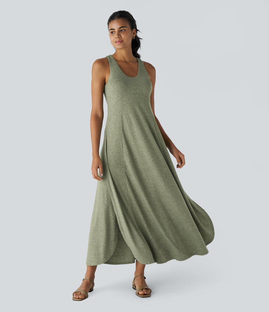 U Neck Flowy Maxi Casual Tank Dress - Light Green Floral Yarn