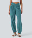 Crossover High Waisted Pocket Drawstring Casual Joggers - Stone Green Floral Yarn