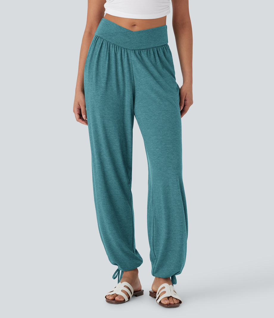 Crossover High Waisted Pocket Drawstring Casual Joggers - Stone Green Floral Yarn