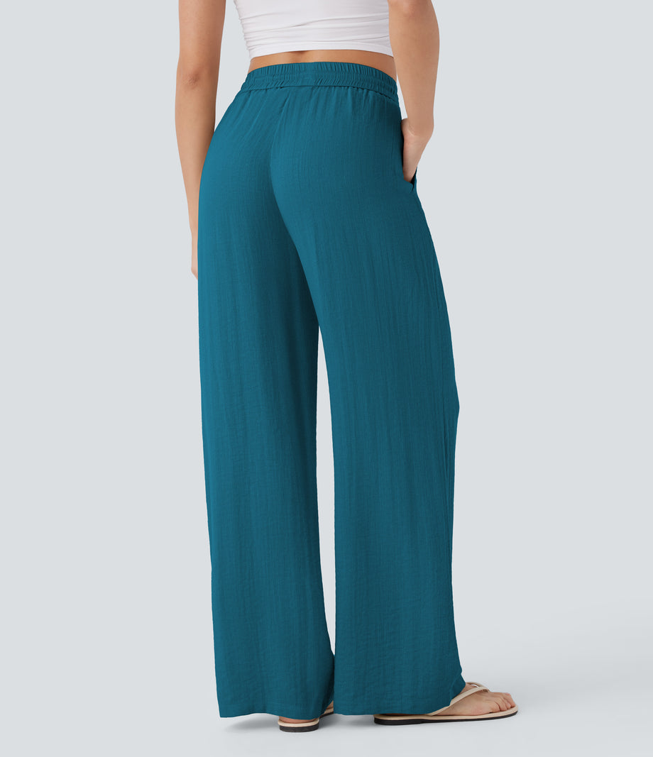 High Waisted Drawstring Pocket Wide Leg Baggy Casual Linen-Feel Pants - Crystal Teal