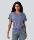 V-neck Short Sleeve Ruched Relaxed Casual Top - Light Blue Floral Yarn