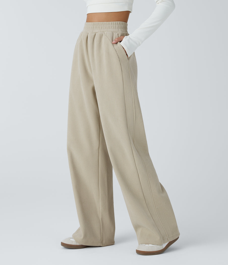 High Waisted Pocket Straight Leg Baggy Mop Corduroy Casual Pants - Almond Milk