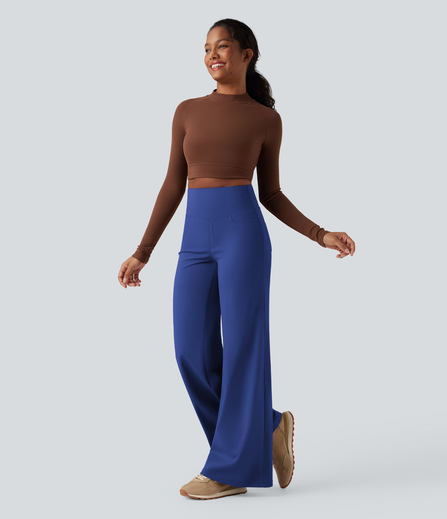 DayStretch High Waisted Tummy Control Wide Leg Baggy Yoga Pants with Pockets - Sodalite Blue