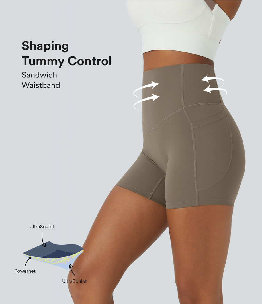 Halara UltraSculpt™ High Waisted Tummy Control Side Pocket Shaping Training Biker Shorts 5'' - Dawn Brown