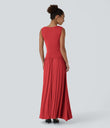 Ribbed Boat Neck Asymmetric Strap Ruched Pocket Flowy Maxi Casual Dress - Rubicondo
