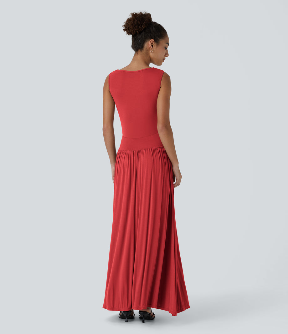 Ribbed Boat Neck Asymmetric Strap Ruched Pocket Flowy Maxi Casual Dress - Rubicondo