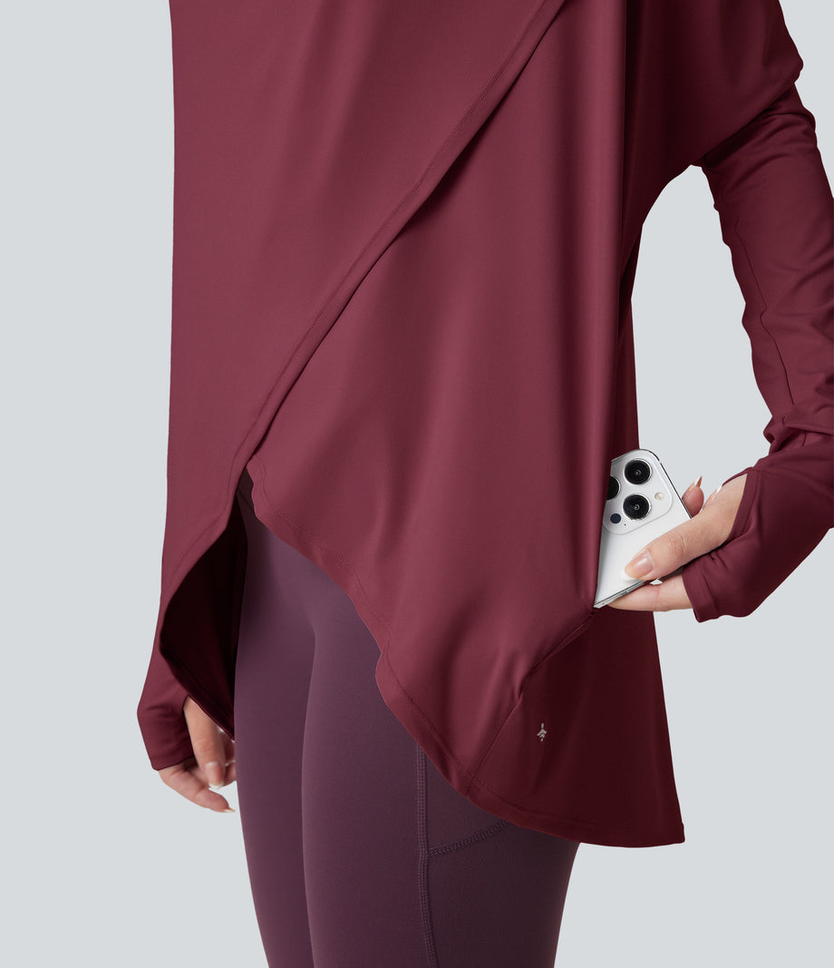Hooded Cowl Neck Long Sleeve Thumb Hole Yoga Sports Top with Pockets - Chocolate Truffle