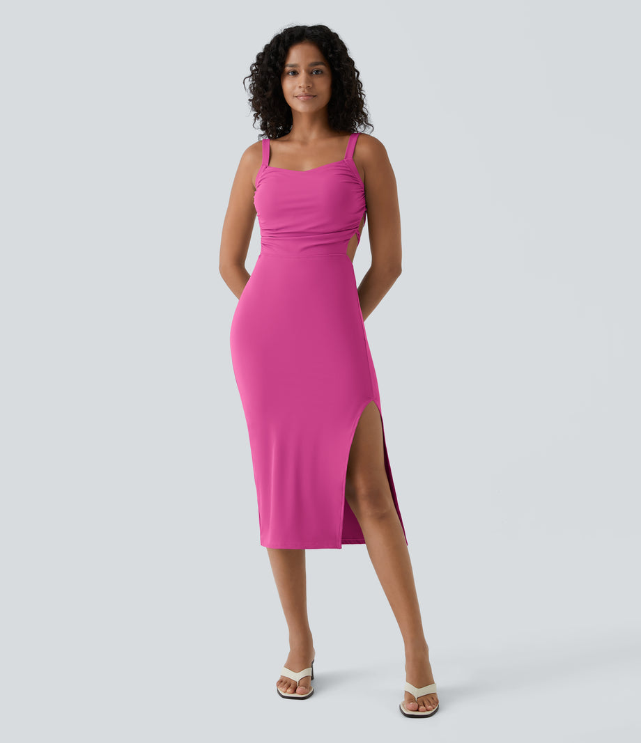 Ruched Lace Up Bodycon Midi Casual Dress - Fuchsia Fedora