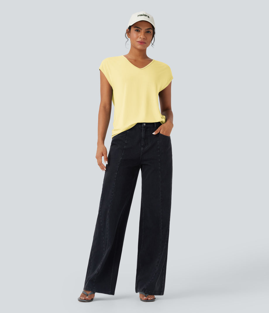 V Neck Short Sleeve Casual T-Shirt - Tender Yellow