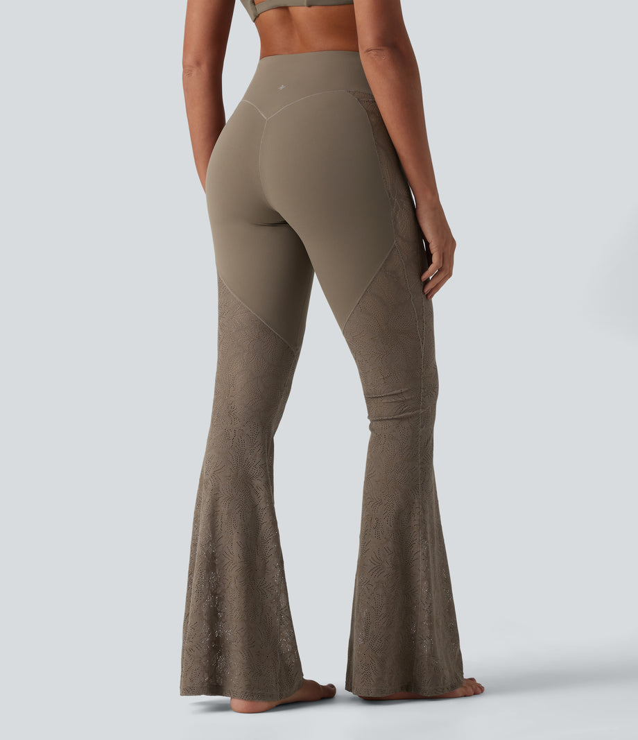 Halara UltraSculpt™ High Waisted Tummy Control Contrast Lace Yoga Flare Leggings with Pocket - Dawn Brown