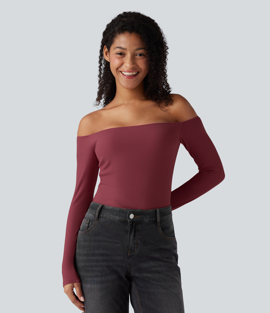Ribbed Knit Off Shoulder Long Sleeve 2-in-1 Casual Top - Ruby Wine