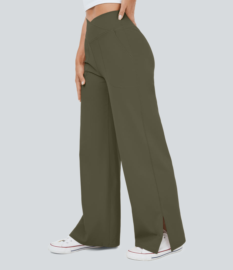 DayStretch Crossover Pocket Hem Wide Leg Yoga Pants-Smile - Forest Night
