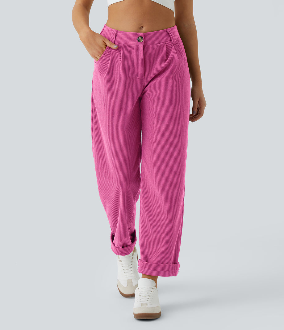 Mid Rise Zipper Pocket Corduroy Casual Pants - Fedora Red Purple