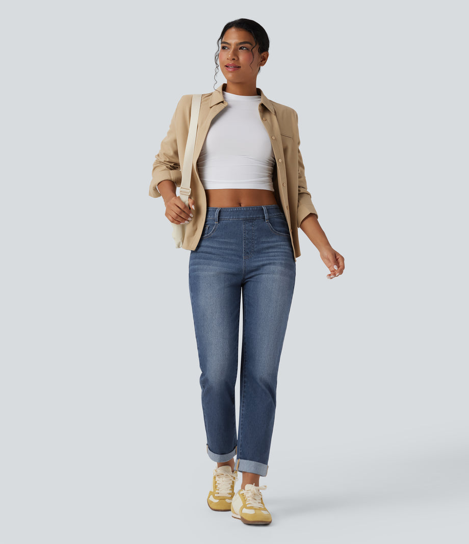Halara Flex™ High Waisted Rolled Hem Casual Slim Jeans with Pockets - Estate Blue Denim