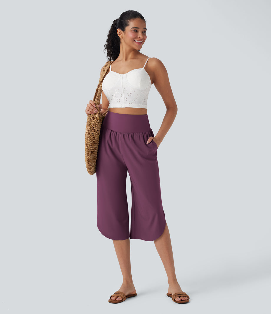 Breezeful™ High Waisted Tummy Control Hem Quick Dry Capri Pants with Pockets - Amaranth