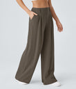 High Waisted Pocket Wide Leg Flowy Solid Palazzo Casual Linen-Feel Pants - Dark Earthy Brown