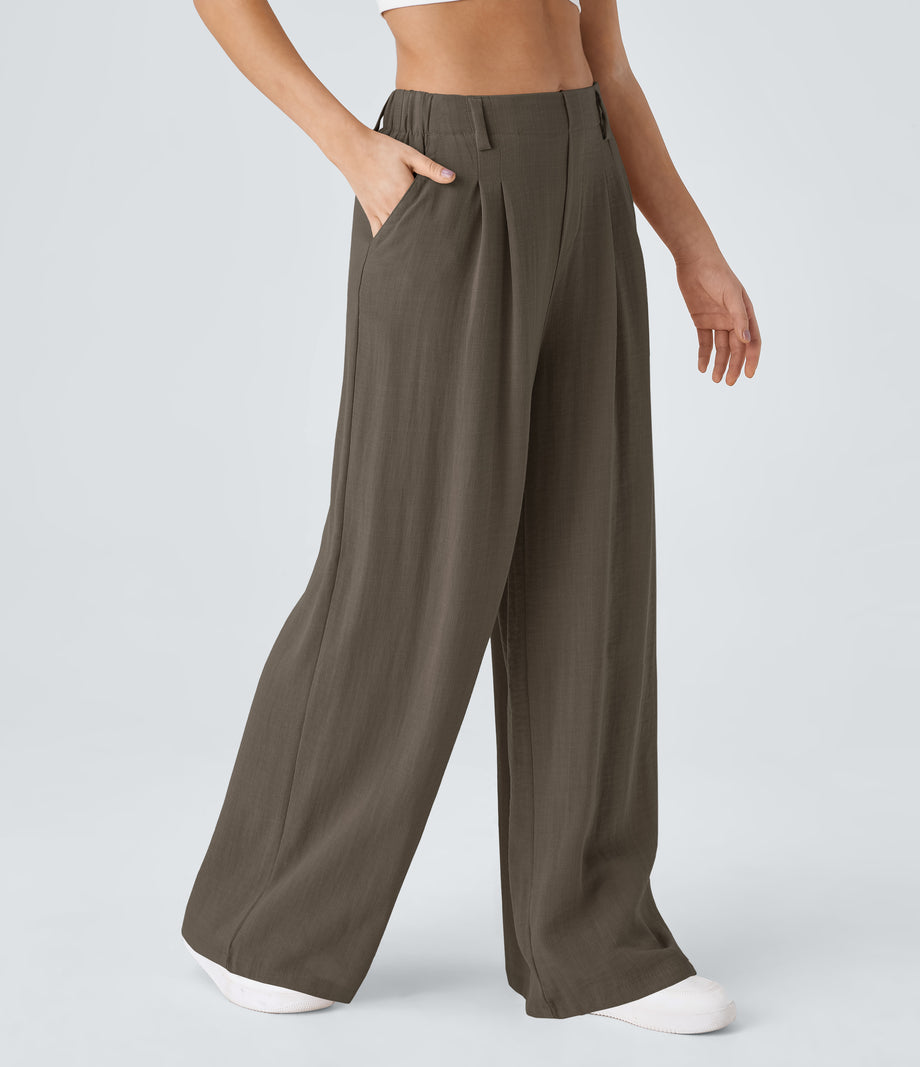 High Waisted Pocket Wide Leg Flowy Solid Palazzo Casual Linen-Feel Pants - Dark Earthy Brown