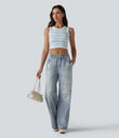 Mid Rise Denim Print French Terry Casual Sweatpants Jeans with Pockets - Soft Breeze Blue